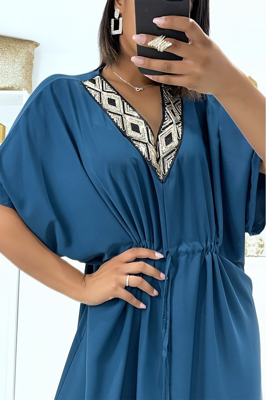 Peacock Blue Satin Dress with Adjustable Drawstring and Sequin V-Neck - 4