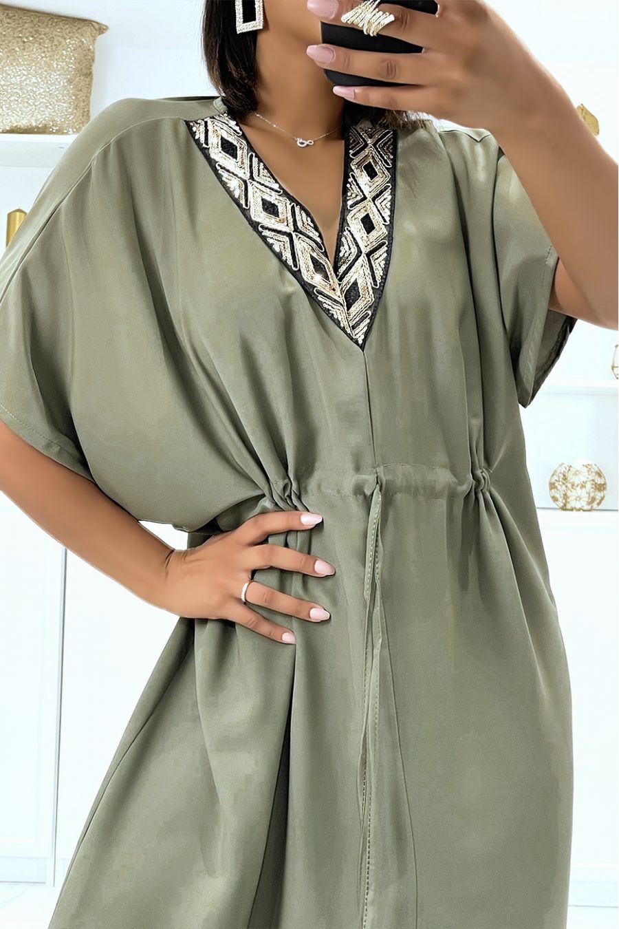 Khaki satin dress with adjustable drawstring and v-neck with sequins - 1