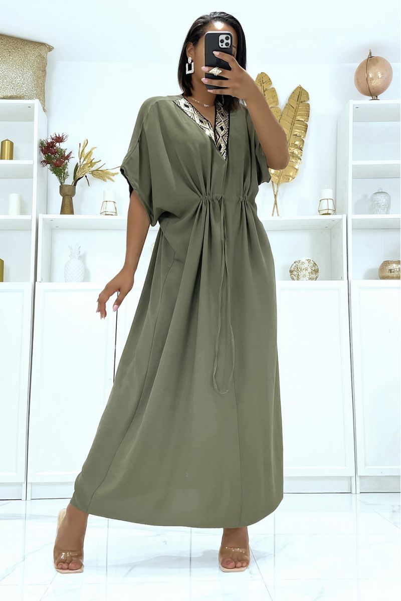 Khaki satin dress with adjustable drawstring and v-neck with sequins - 2