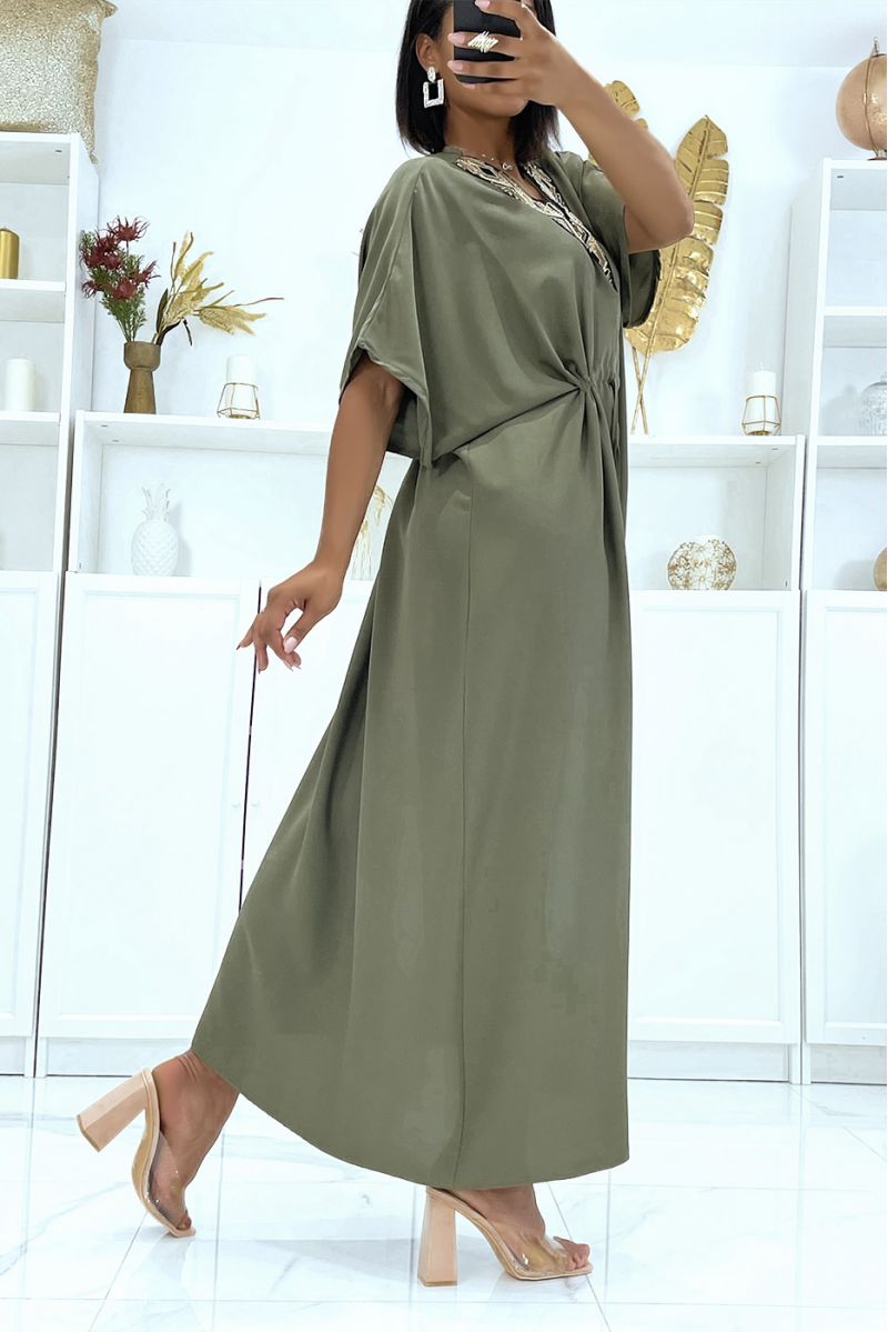 Khaki satin dress with adjustable drawstring and v-neck with sequins - 3