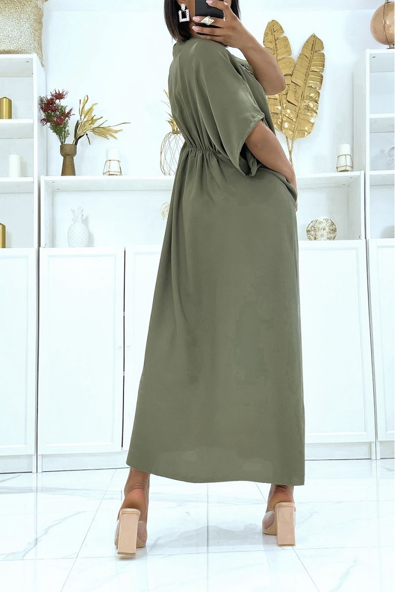 Khaki satin dress with adjustable drawstring and v-neck with sequins - 4
