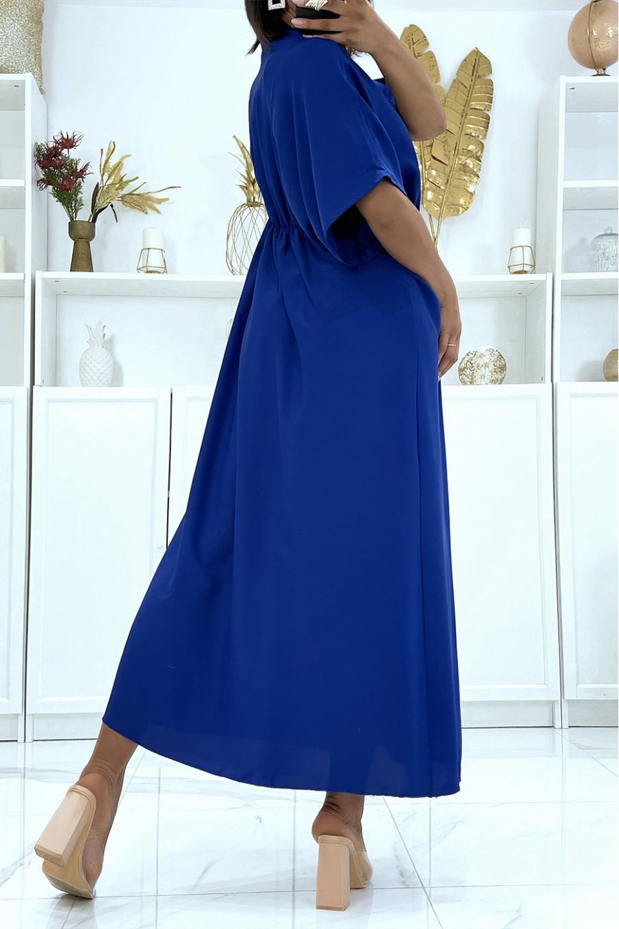 Royal satin dress with adjustable cord and sequin v-neck - 3