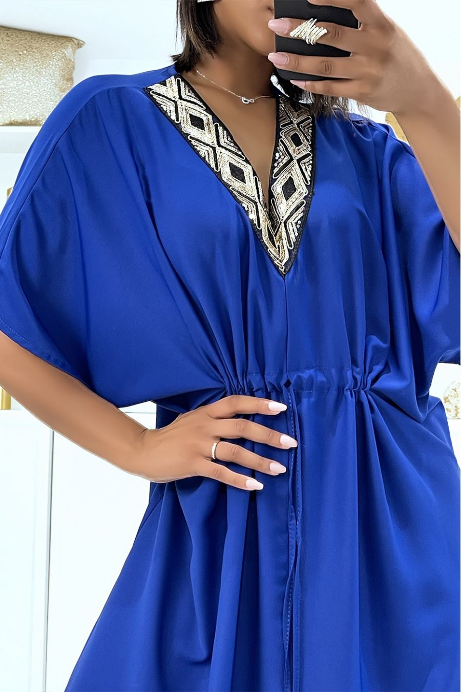 Royal satin dress with adjustable cord and sequin v-neck - 4