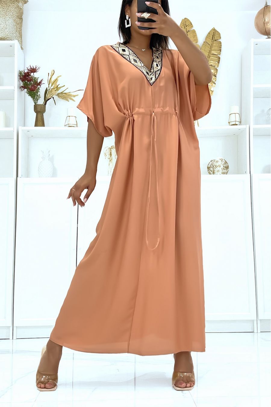 Dark Pink Satin Dress with Adjustable Drawstring and Sequin V-Neck - 1