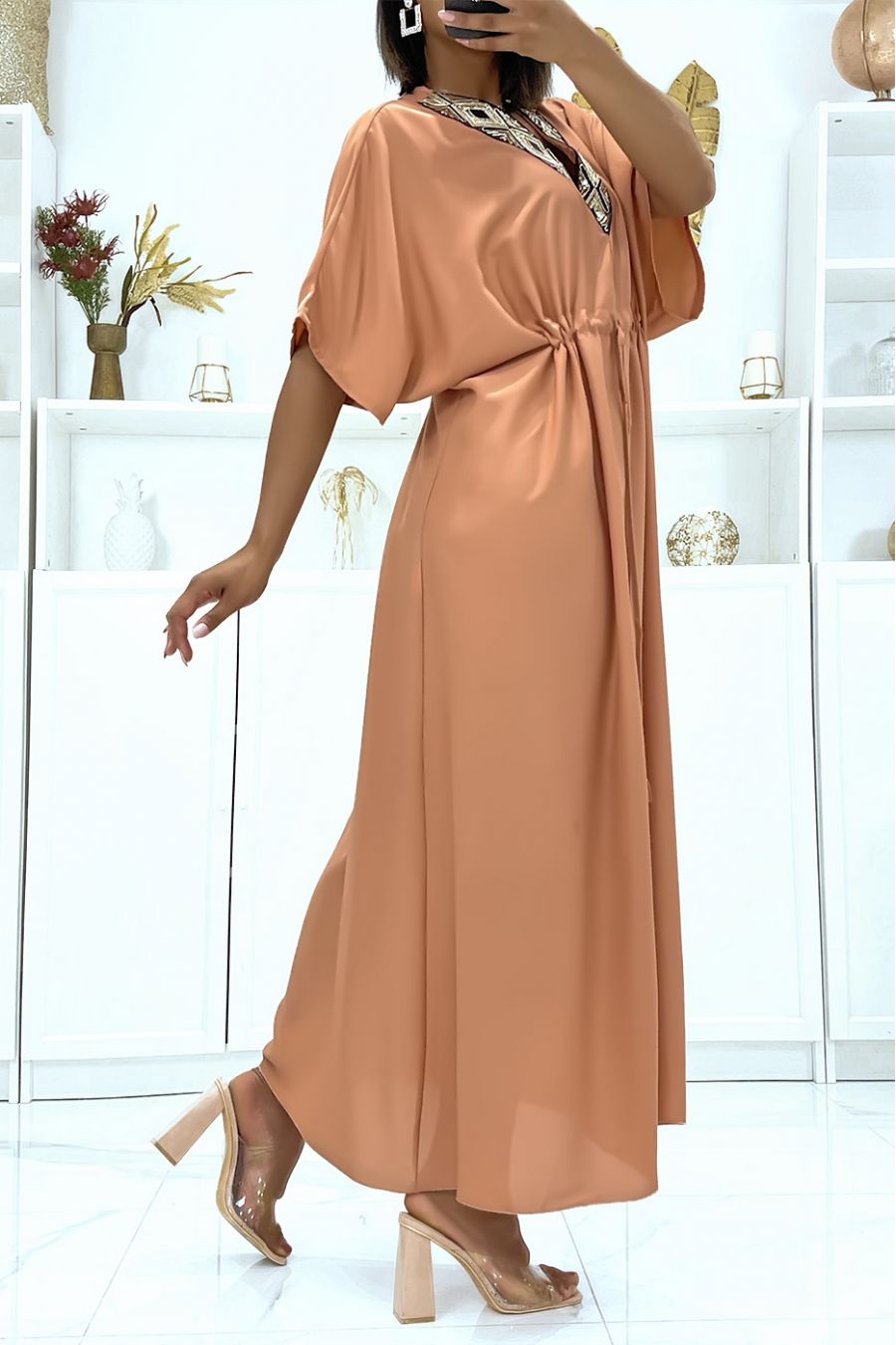 Dark Pink Satin Dress with Adjustable Drawstring and Sequin V-Neck - 2