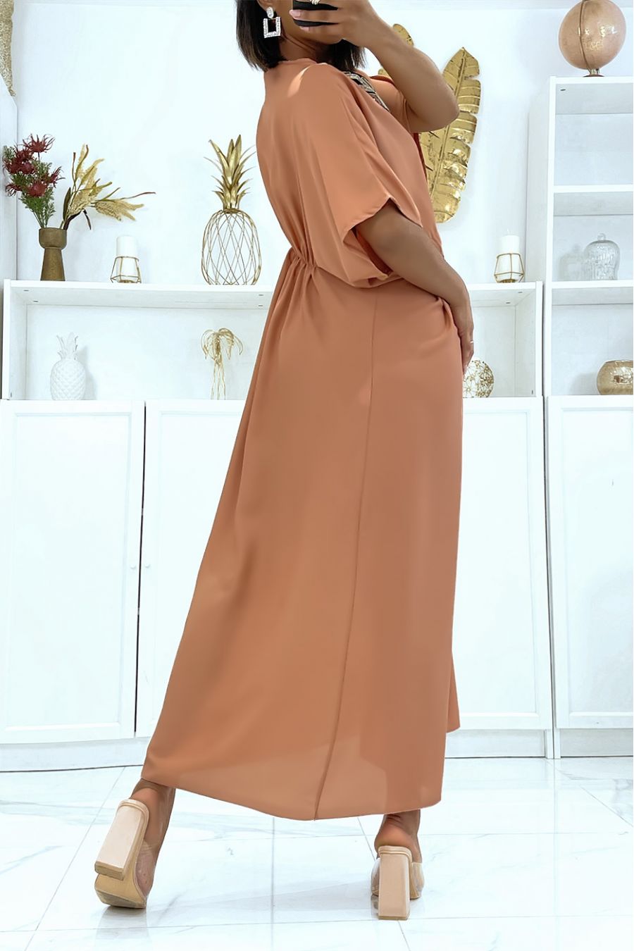 Dark Pink Satin Dress with Adjustable Drawstring and Sequin V-Neck - 3