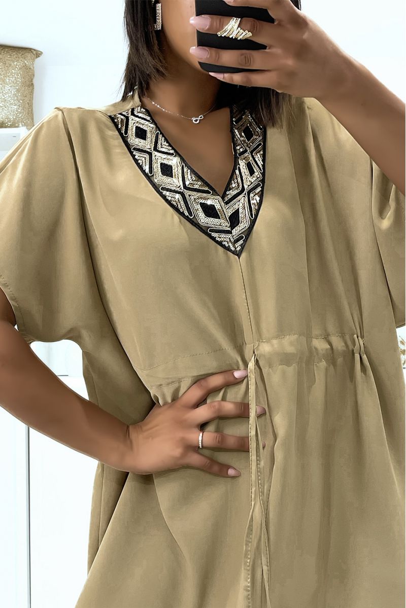 Camel satin dress with adjustable drawstring and sequin v-neck - 1