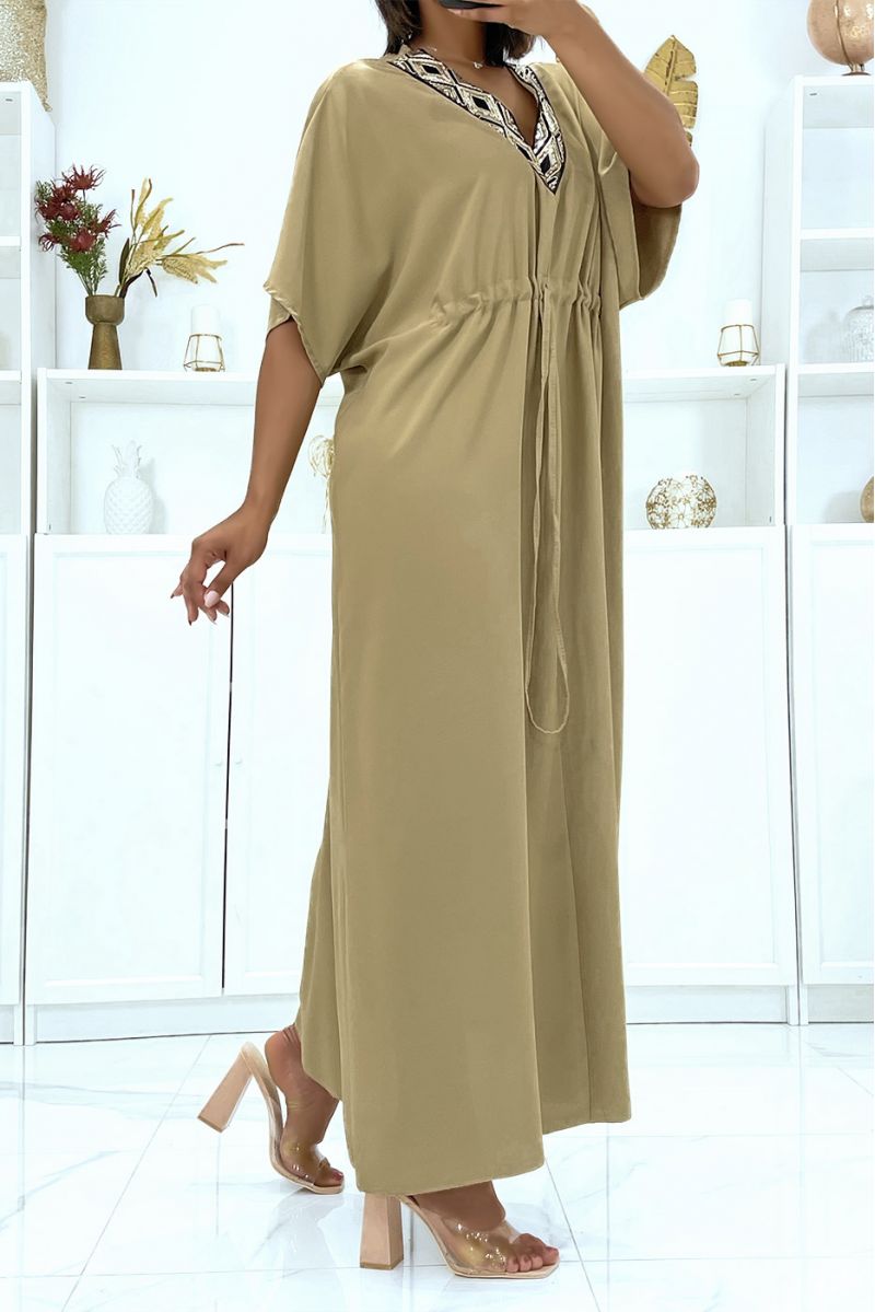Camel satin dress with adjustable drawstring and sequin v-neck - 2