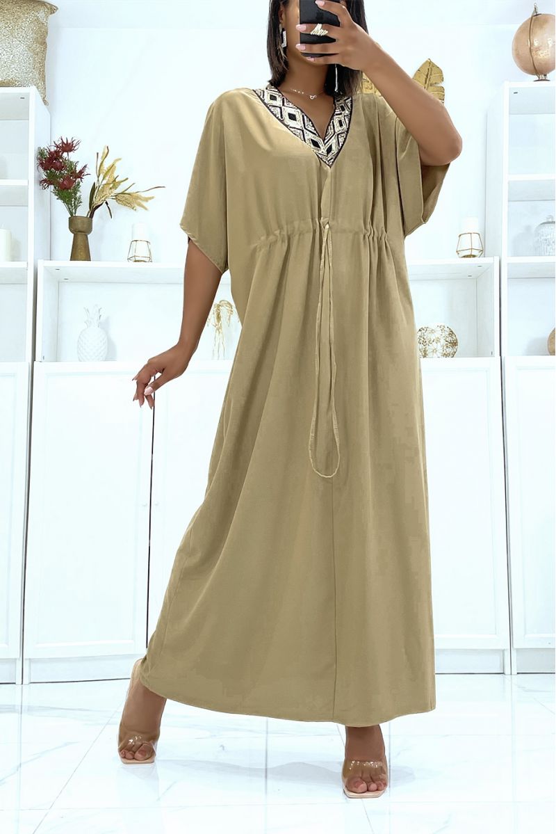Camel satin dress with adjustable drawstring and sequin v-neck - 4