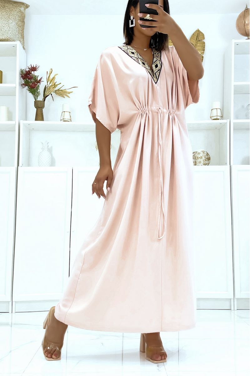 Blush Satin Dress with Adjustable Drawstring and Sequin V-Neck - 2