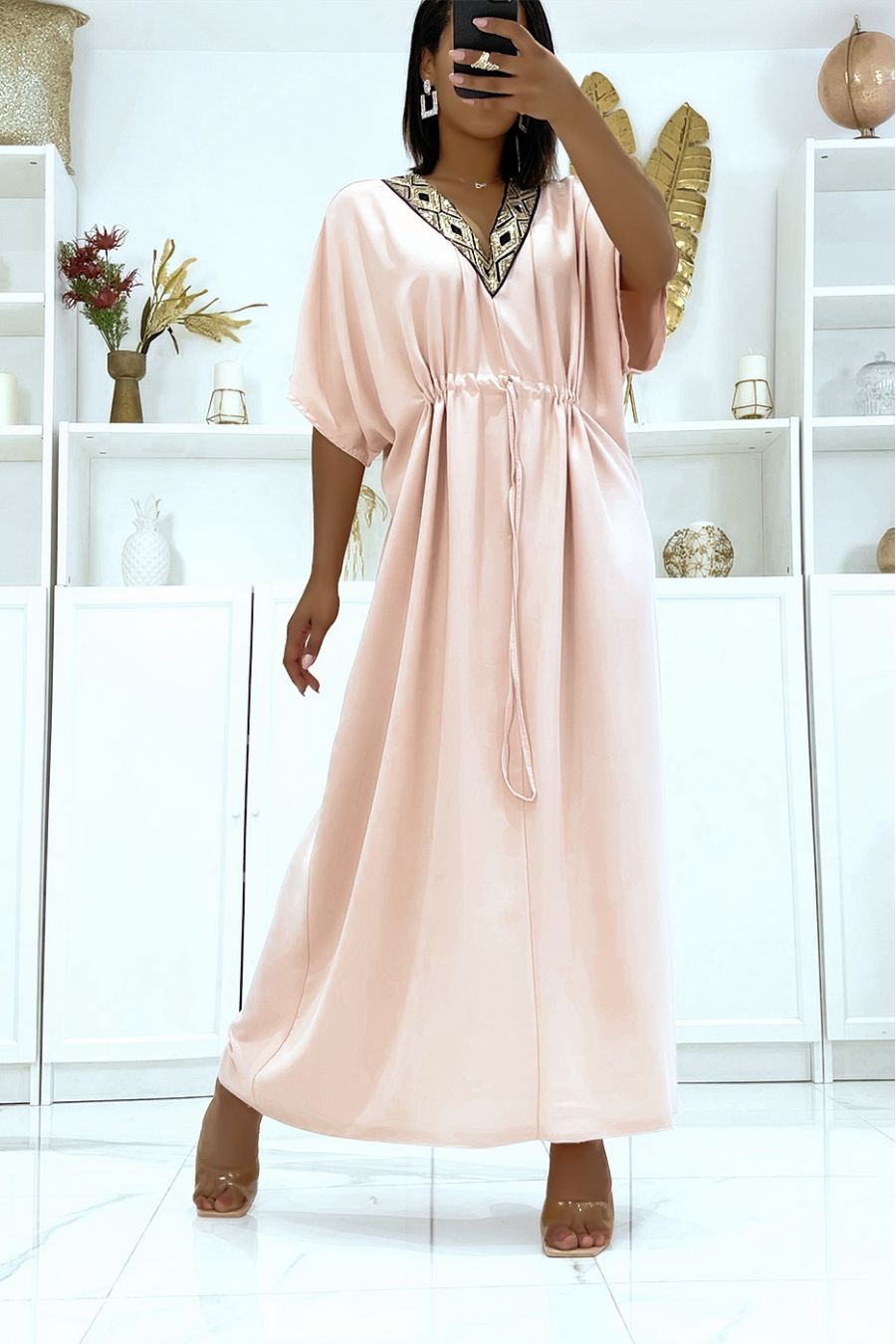 Blush Satin Dress with Adjustable Drawstring and Sequin V-Neck - 4
