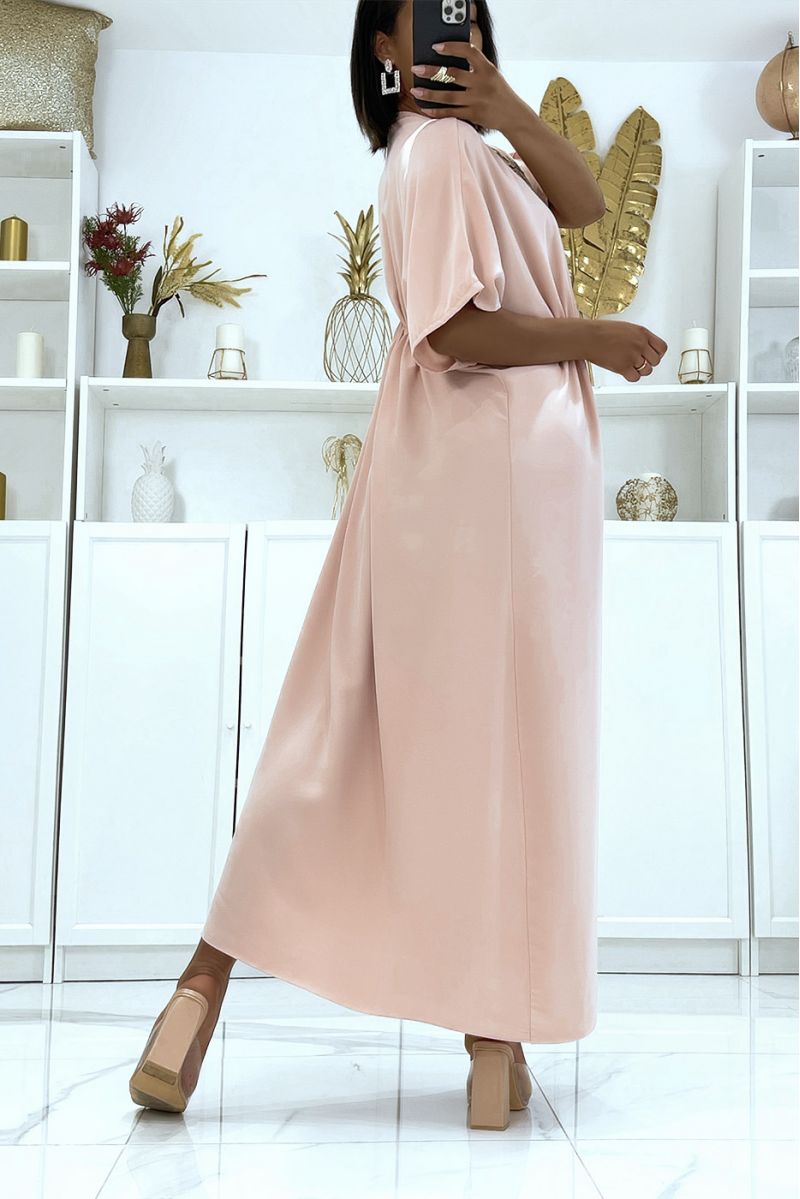 Blush Satin Dress with Adjustable Drawstring and Sequin V-Neck - 6