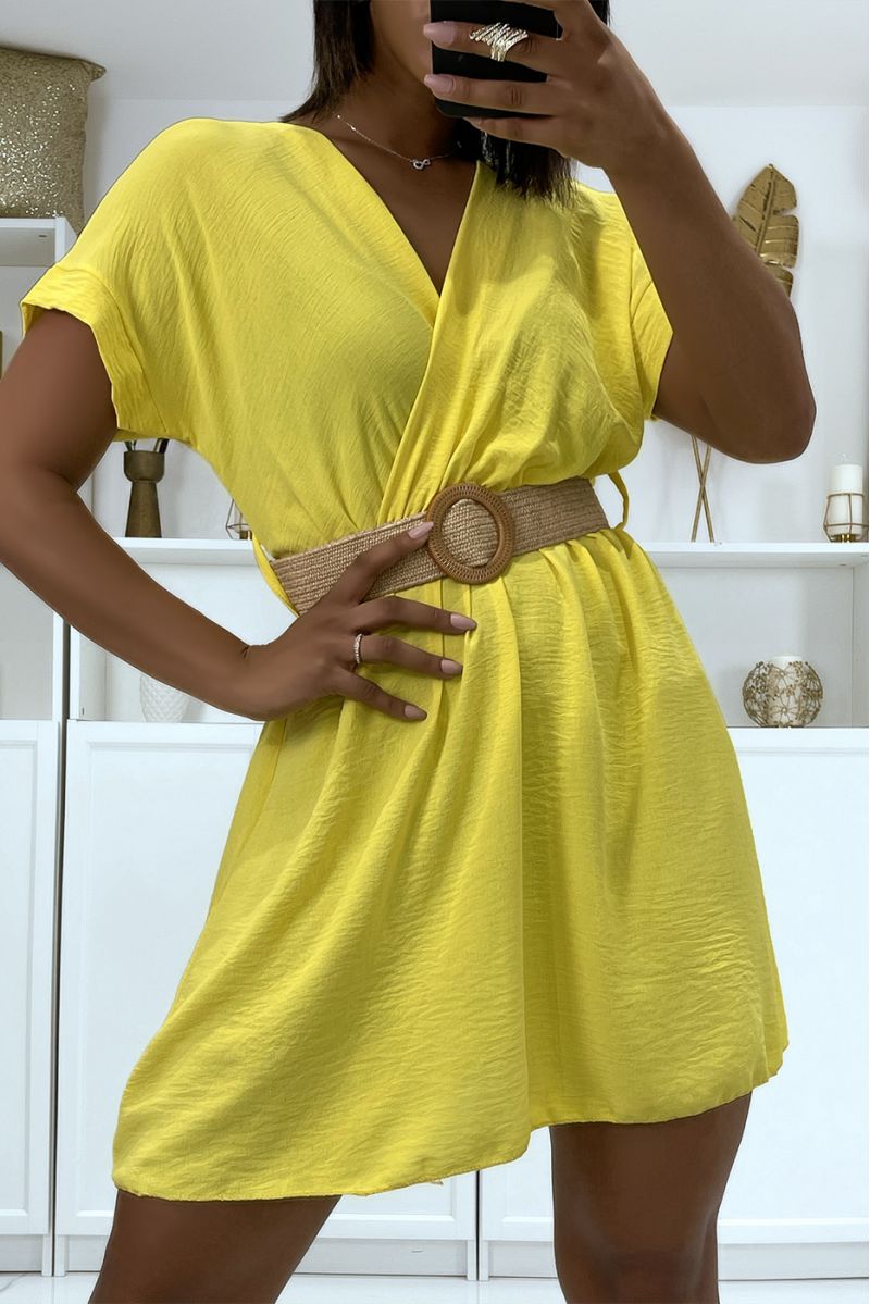 Gele wikkeljurk met riem met gesp - 5