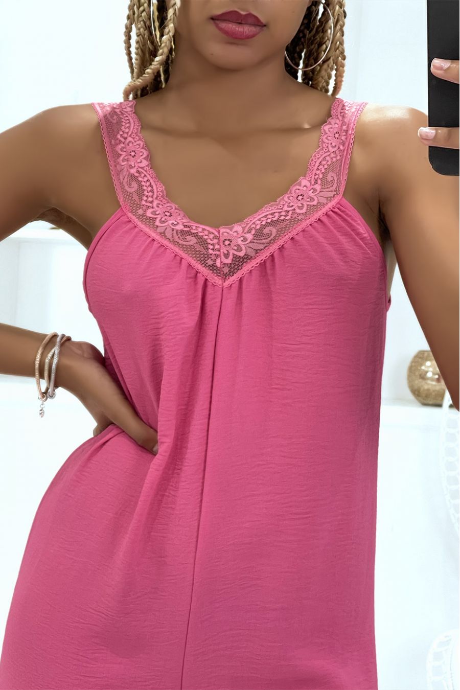 Fuchsia jumpsuit with lace collar and very fluid material - 4