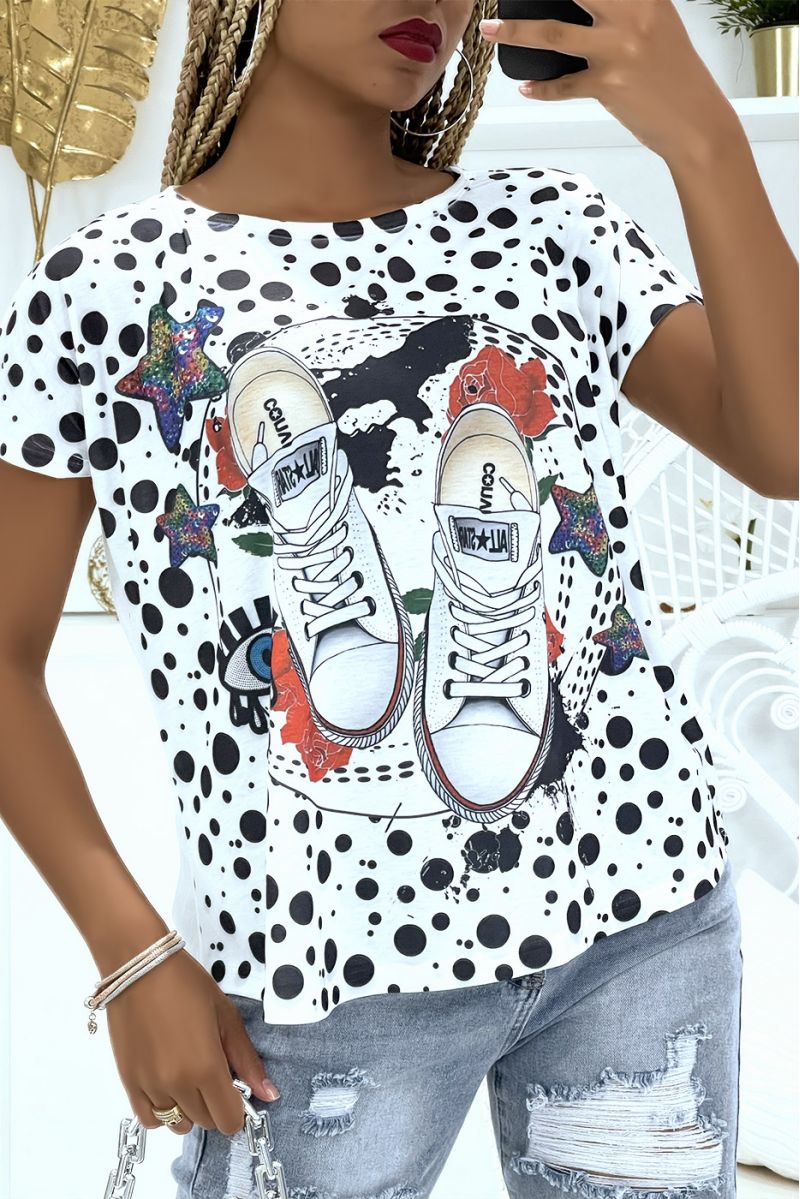 White short-sleeved t-shirt, printed with basketball and polka dots - 2