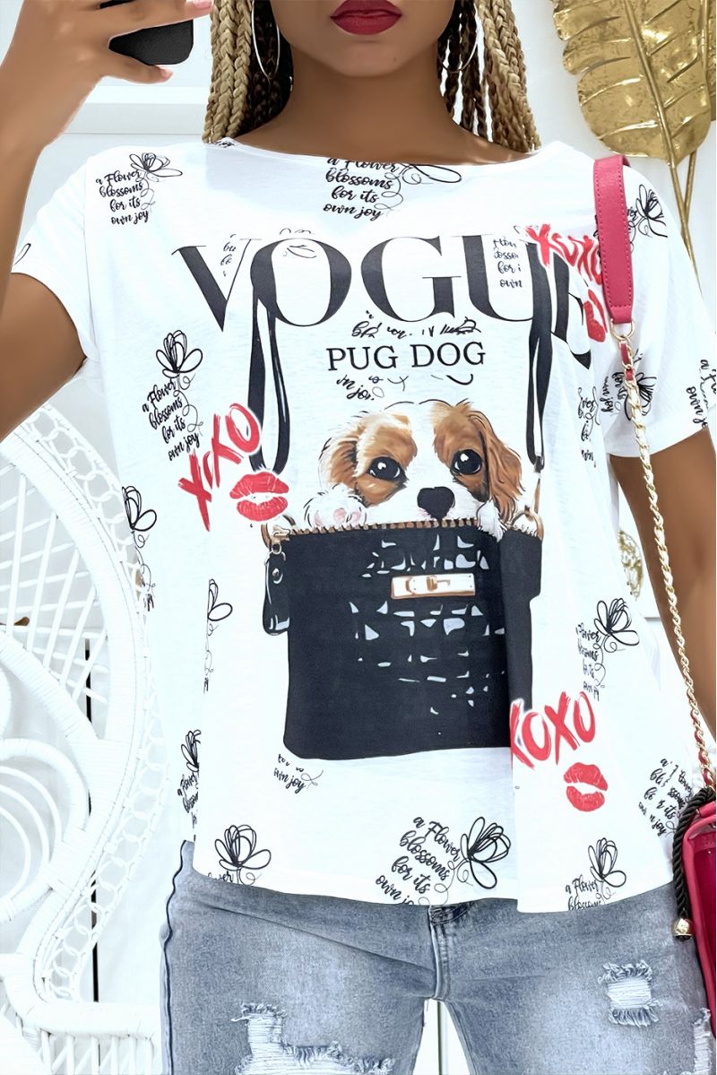 OvWWsize white t-shirt with short sleeve, printed with puppy and vogue - 3