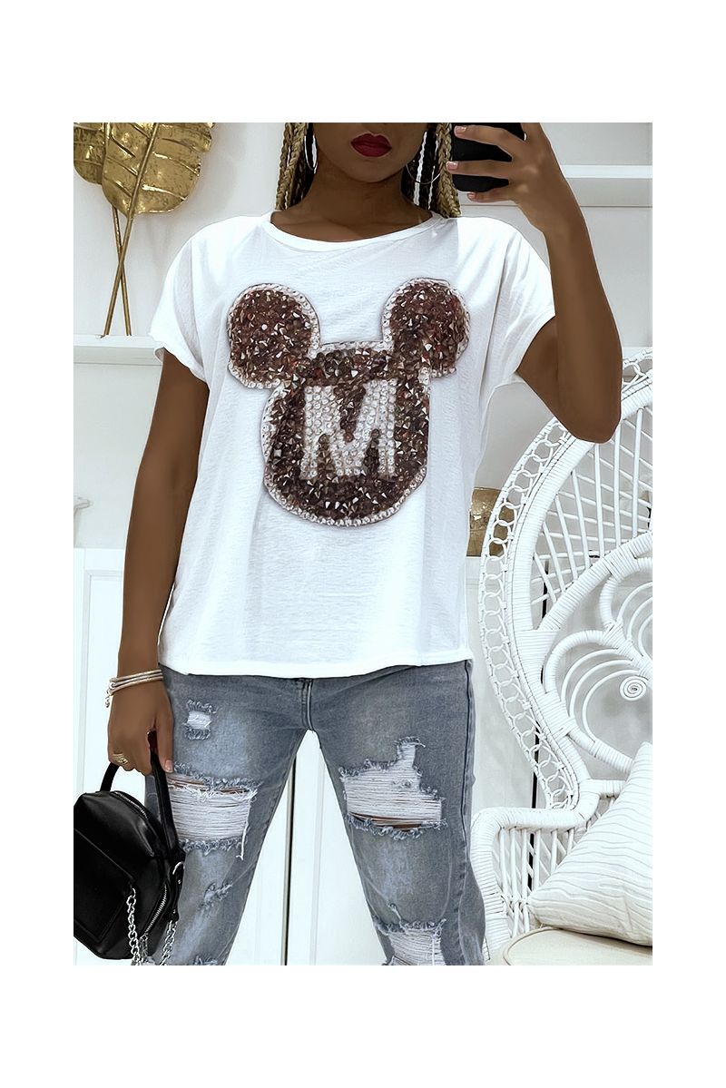 Oversize white t-shirt with short sleeves, mouse head print and letter m - 1