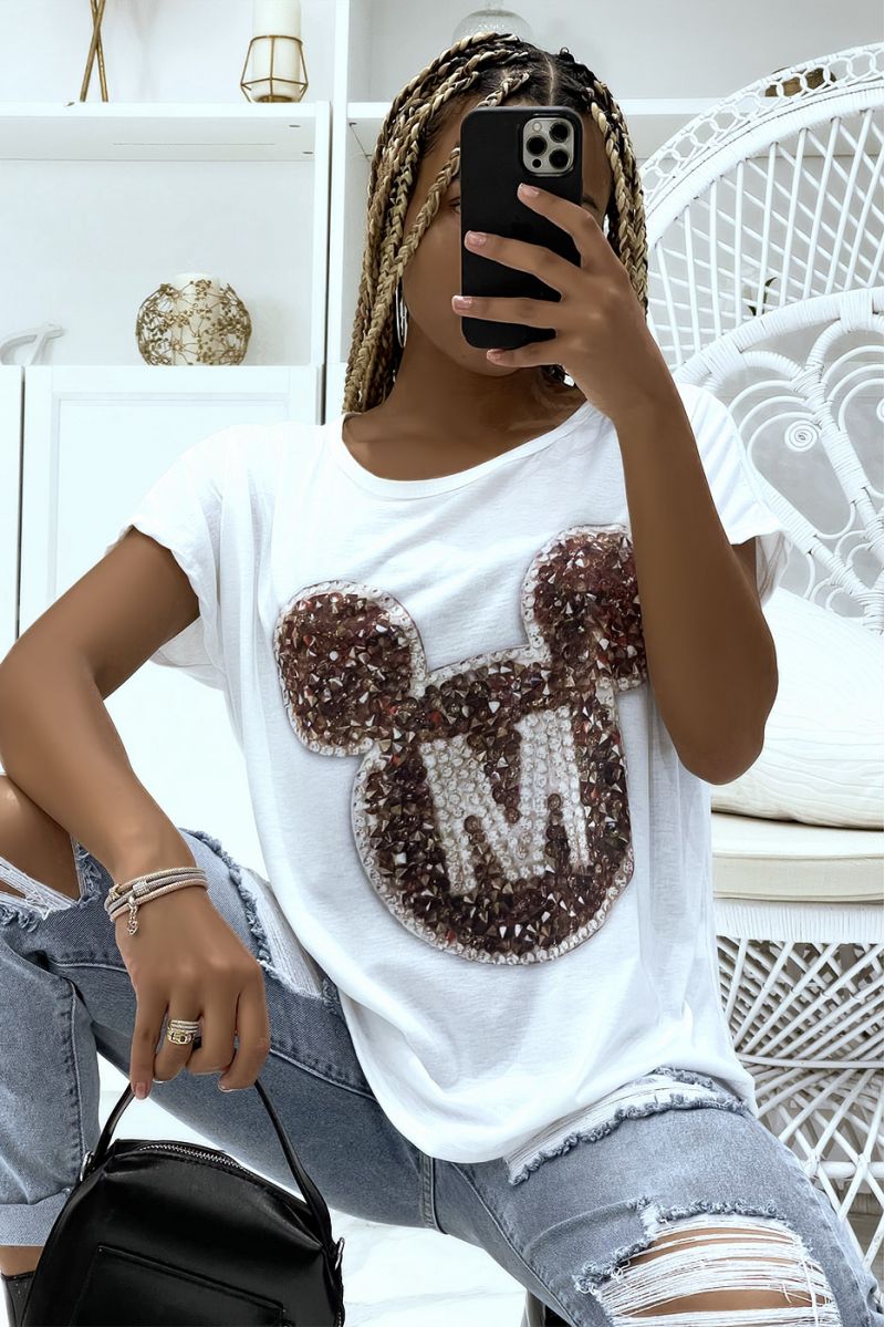 Oversize white t-shirt with short sleeves, mouse head print and letter m - 2