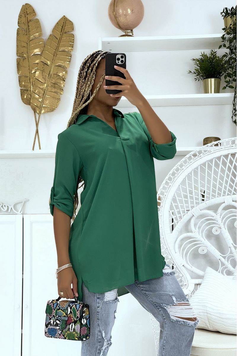 Asymmetric green tunic, shirt collar, lapel sleeves - 2