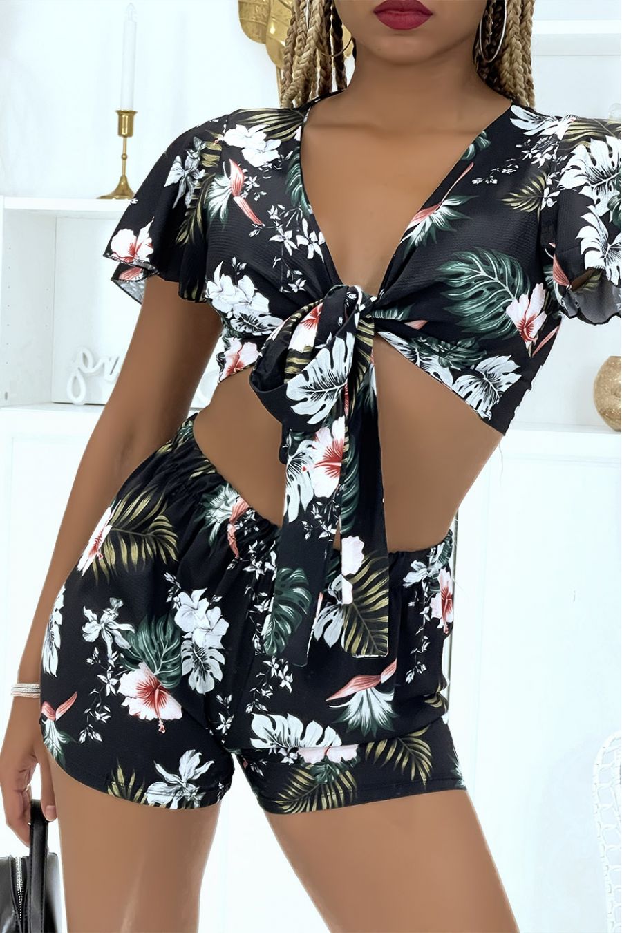 Set van zwarte crop top en korte broek met bloemen - 3