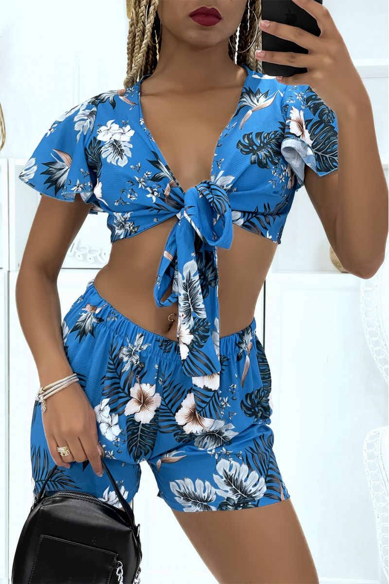 Blue floral crop top and shorts set - 3
