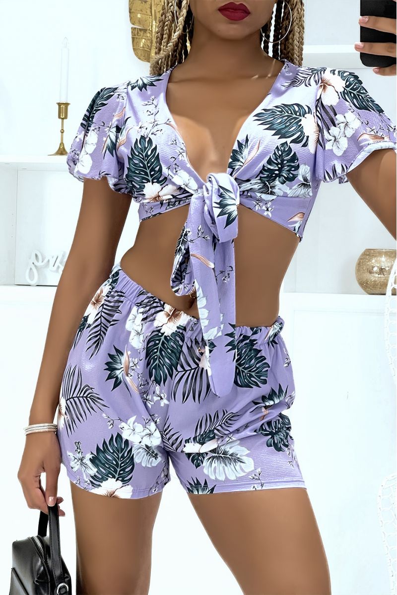 Lilac floral crop top and shorts set - 2