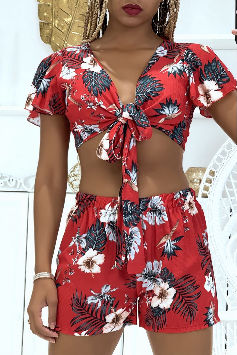Red floral crop top and shorts set - 5