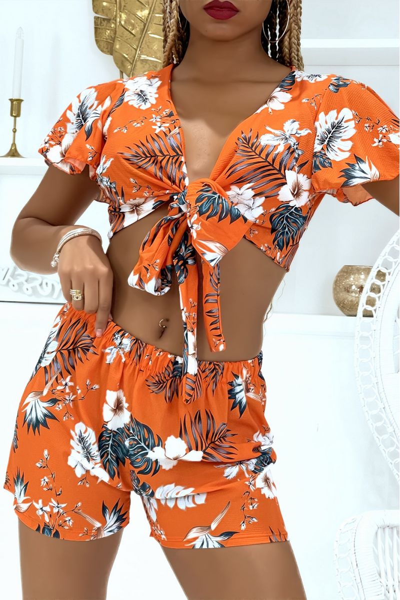 Orange floral crop top and shorts set - 1