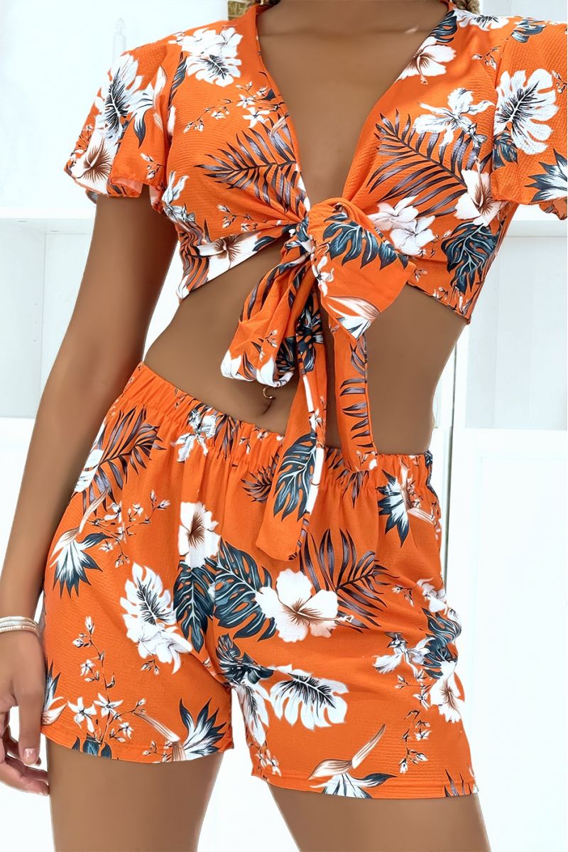 Orange floral crop top and shorts set - 3