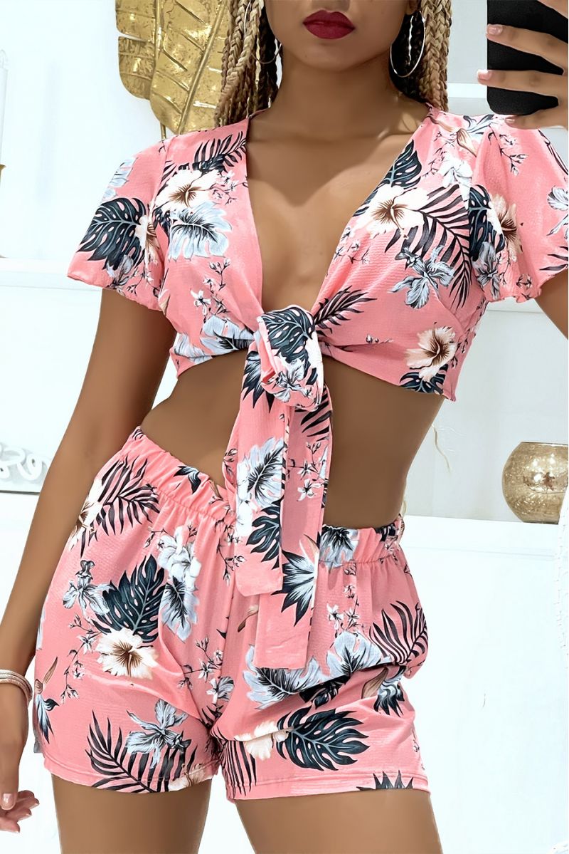 Ensemble crop top et short rose à motif floral - 2 Ensemble crop top et short rose à motif floral - 2