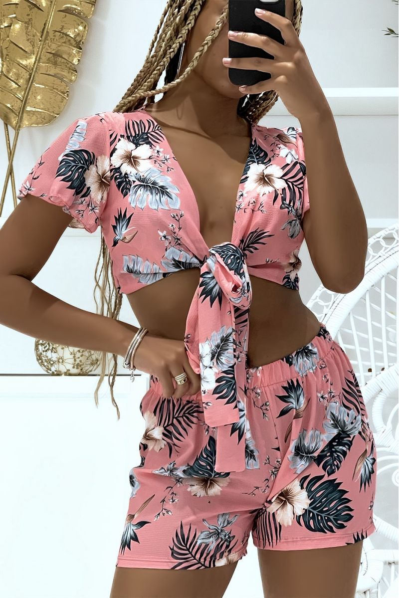 Ensemble crop top et short rose à motif floral - 3 Ensemble crop top et short rose à motif floral - 3