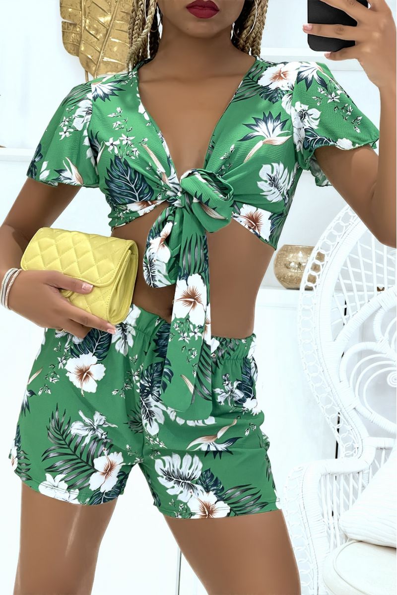 Green floral crop top and shorts set - 3