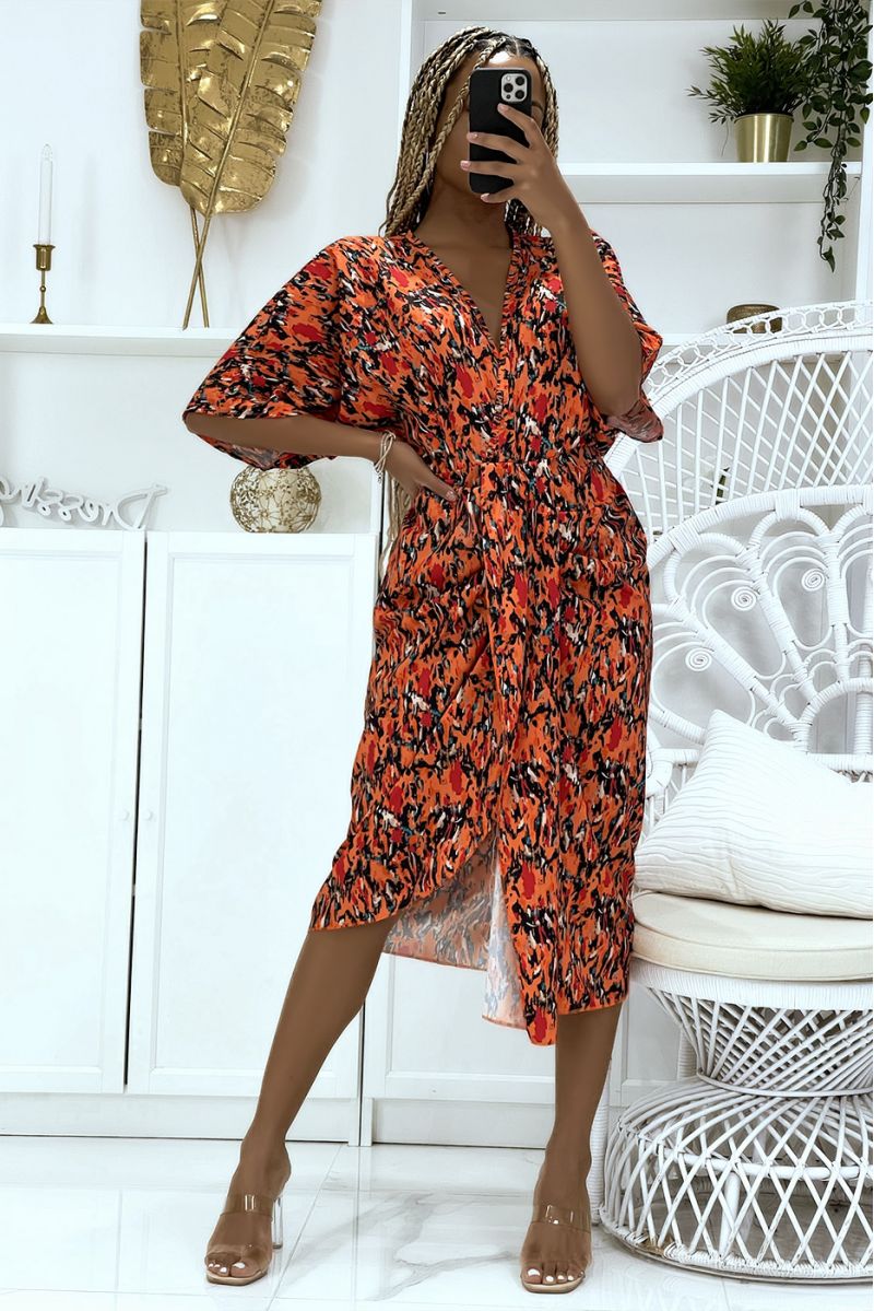 Wrap dress with orange dominance gathered at the waist with asymmetrical cut - 1