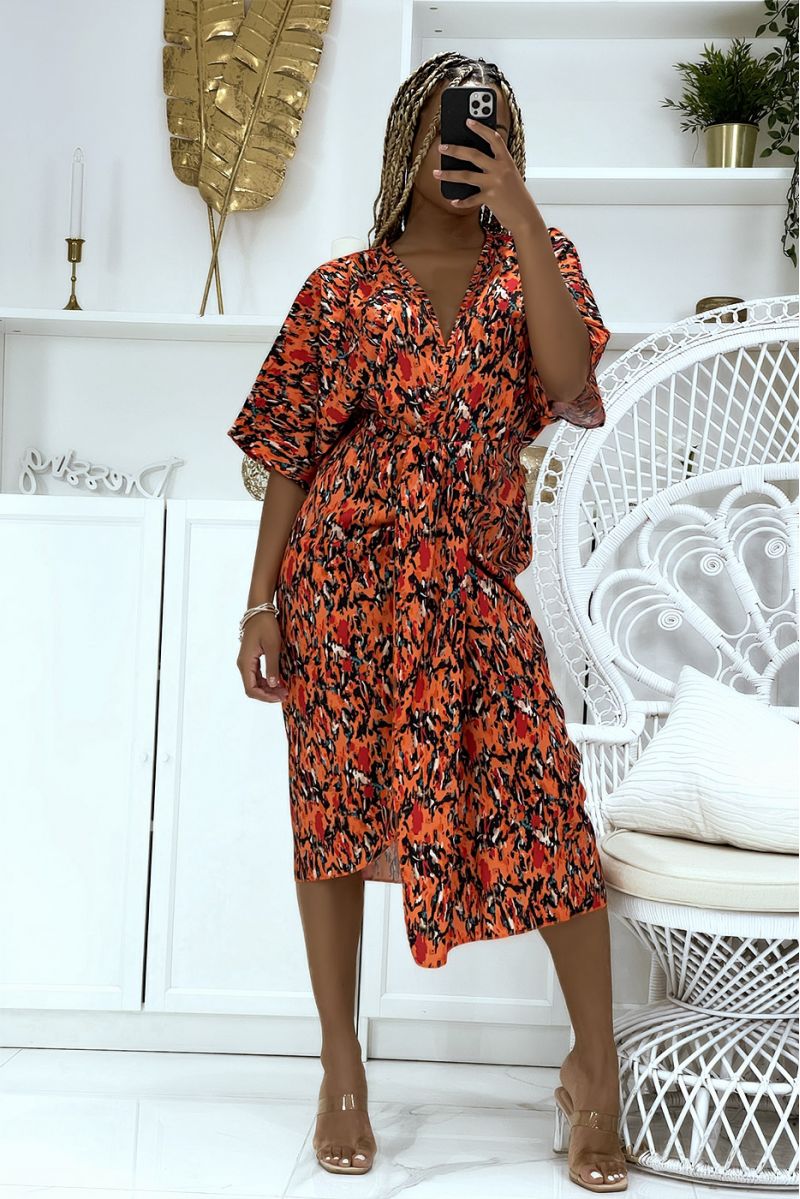 Wrap dress with orange dominance gathered at the waist with asymmetrical cut - 2