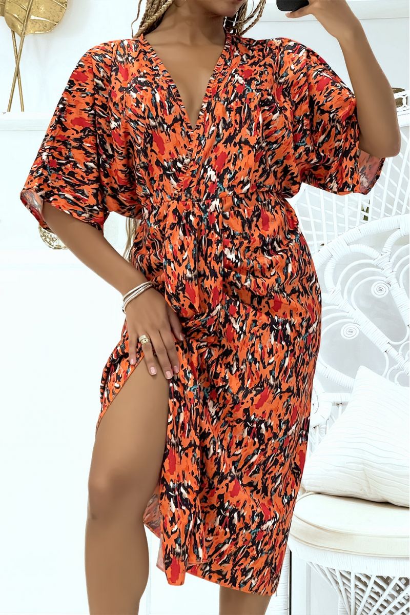 Wrap dress with orange dominance gathered at the waist with asymmetrical cut - 4