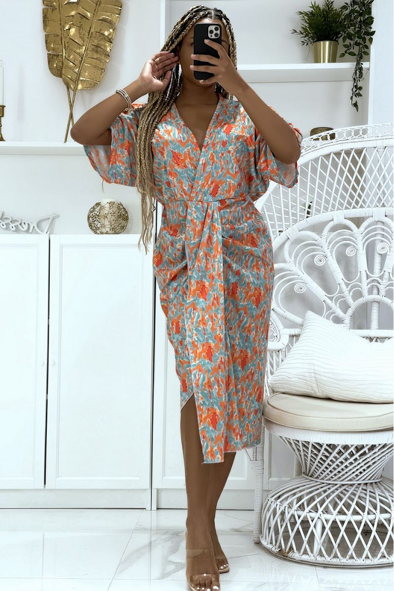 Wrap dress with water green dominance gathered at the waist with asymmetrical cut - 1