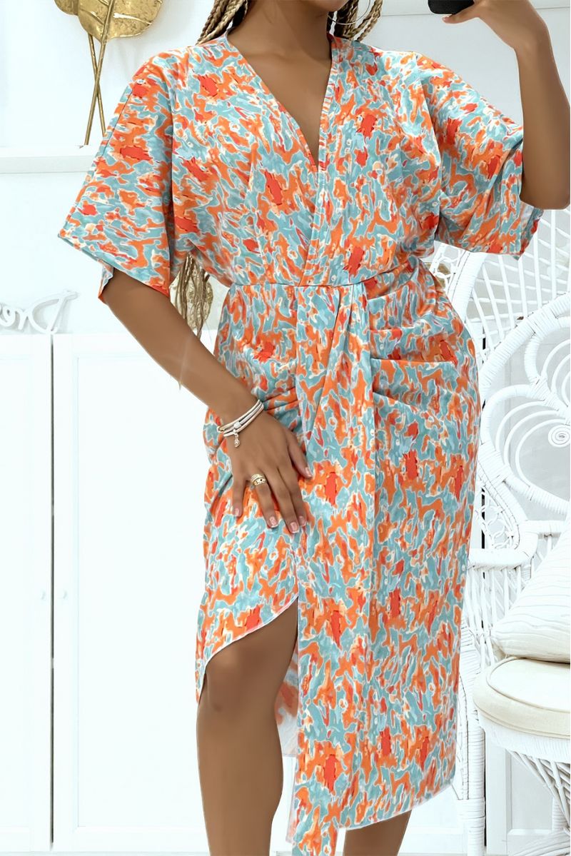 Wrap dress with water green dominance gathered at the waist with asymmetrical cut - 3