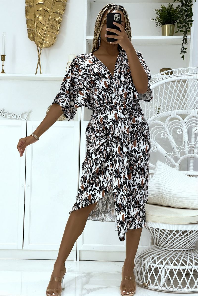 Wrap dress with white dominance gathered at the waist with asymmetrical cut - 1