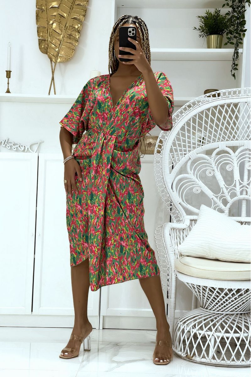 Wrap dress with green dominance gathered at the waist with asymmetrical cut - 2