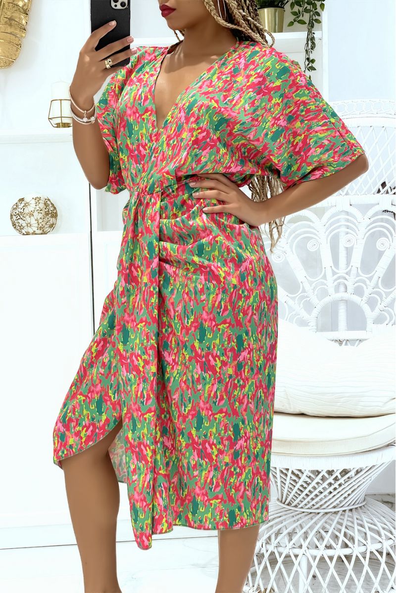 Robe cache coeur à dominance verte froncé à la taille avec coupe asymétrique - 3
