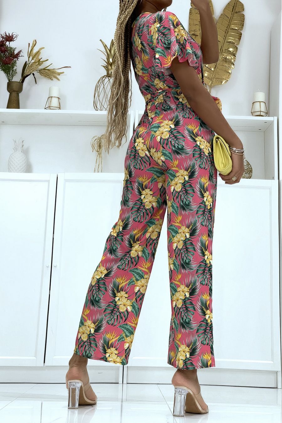 Combinaison pantalon fuchsia cache coeur à motif floral