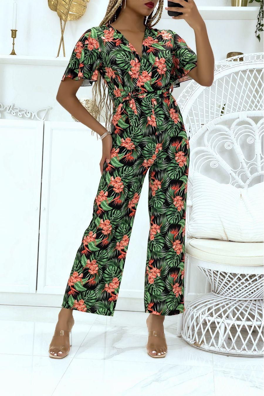 Black wrap jumpsuit with floral pattern