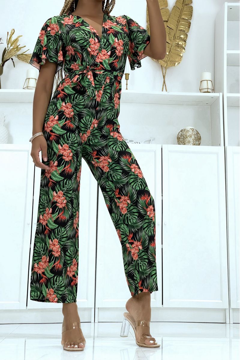 Zwarte overslag jumpsuit met bloemenpatroon - 2