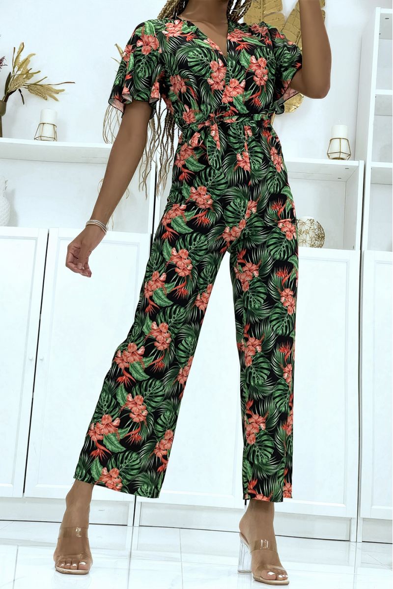 Zwarte overslag jumpsuit met bloemenpatroon - 3