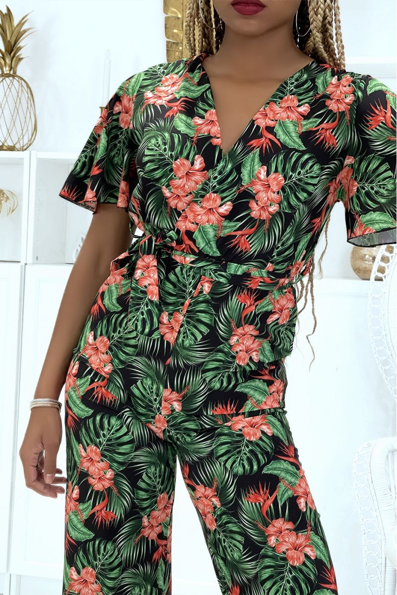 Zwarte overslag jumpsuit met bloemenpatroon - 5