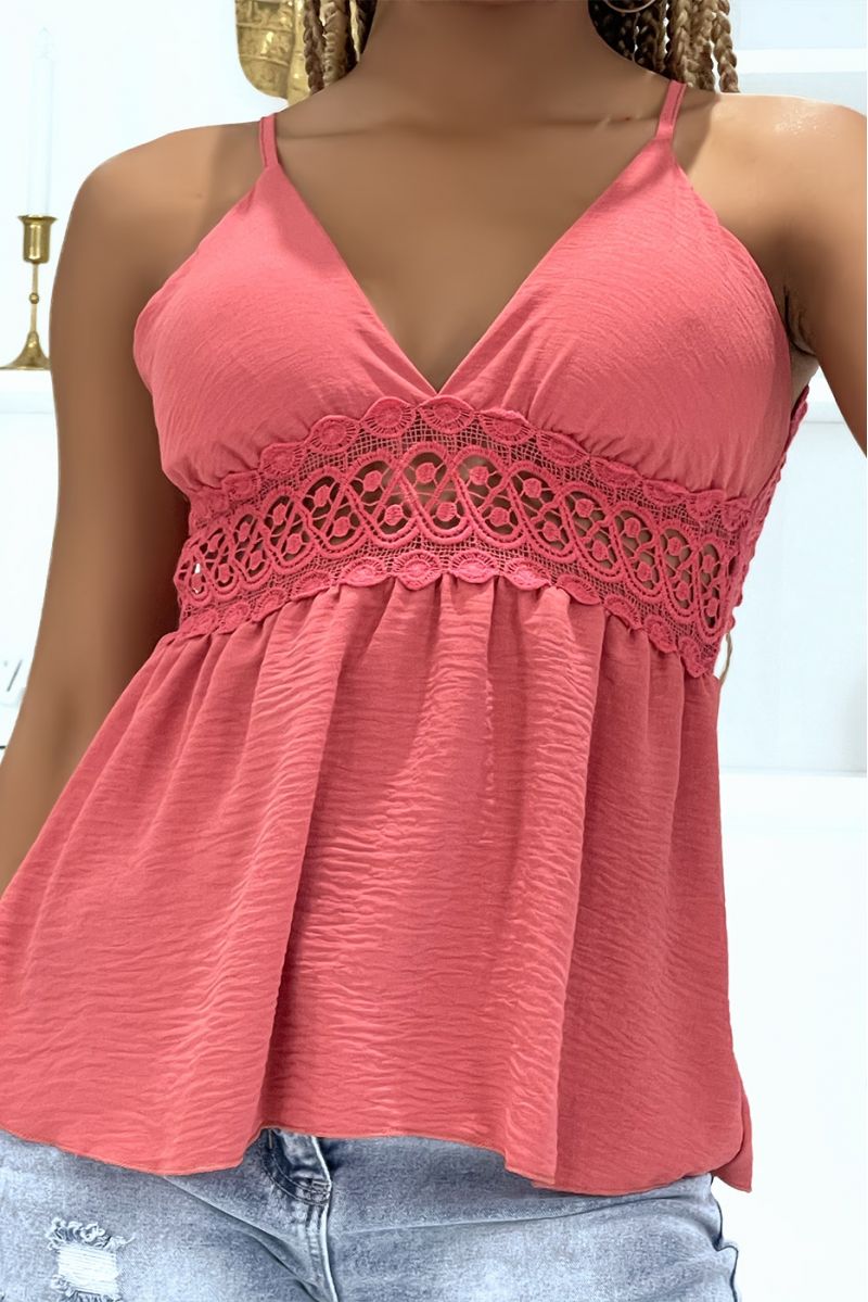 Dark pink top with thin strap and crochet at the back and around - 1