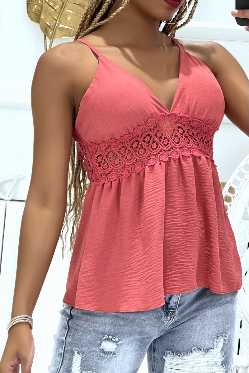 Dark pink top with thin strap and crochet at the back and around - 2