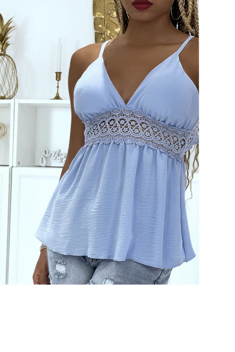 Turquoise top with thin strap and crochet on the back and around - 3