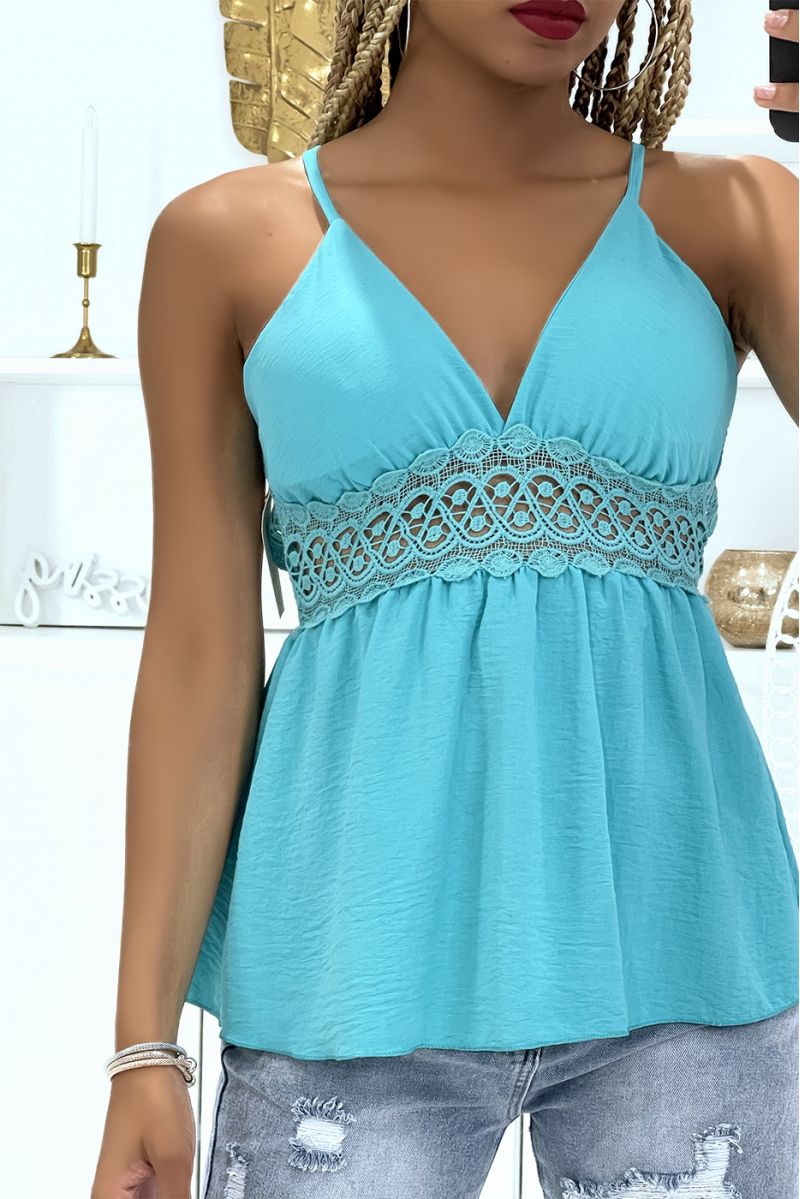 Water green top with thin strap and crochet at the back and around - 1