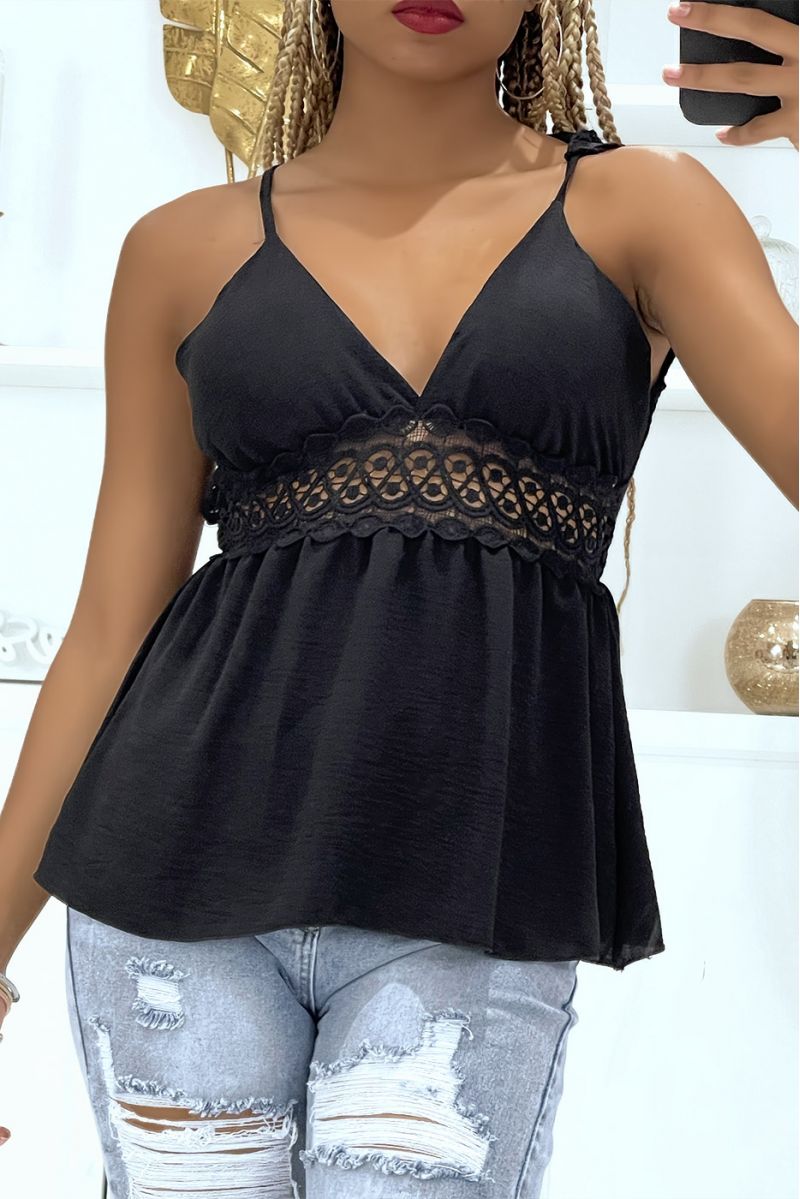 Black top with thin strap and crochet at the back and around - 1